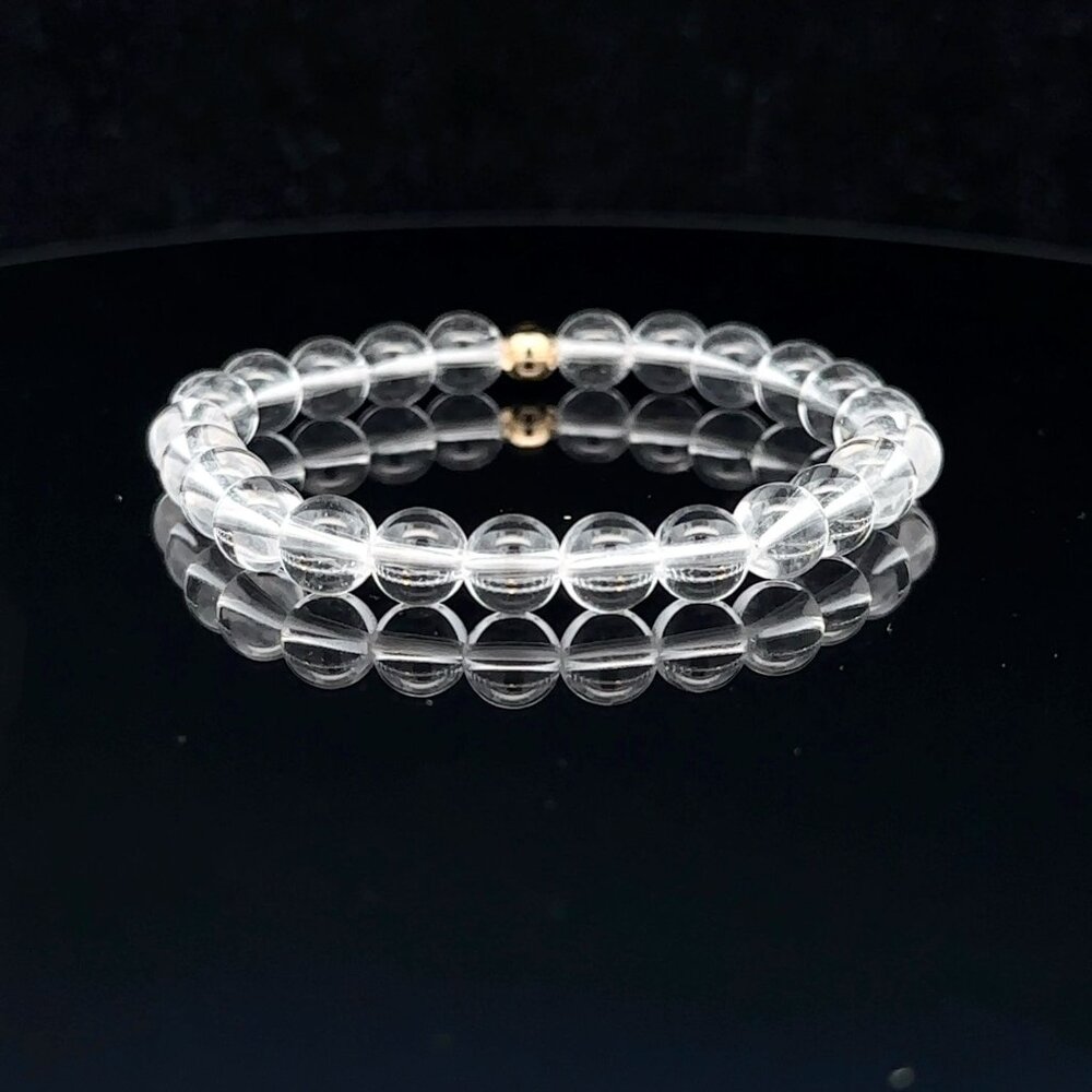 Gemstones Clear Quartz 6mm Stretchable Bracelet 14k Gold Bead Charm - Picture 4 of 5